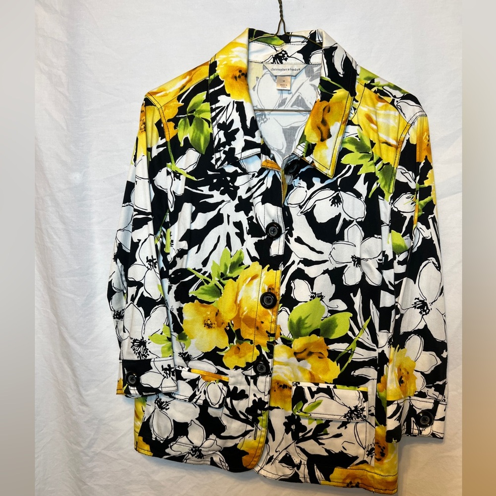 Christopher & Banks Women's Floral Button-Front Jacket - Yellow/Black/White